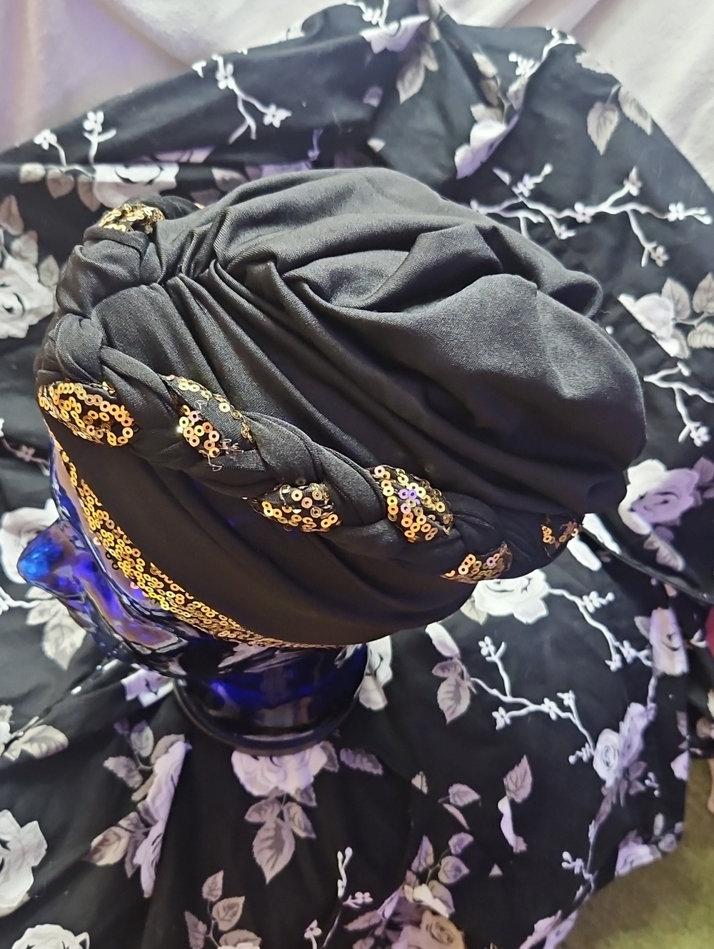 Old Hollywood Black Sequin Knot Turban Headband Hat
